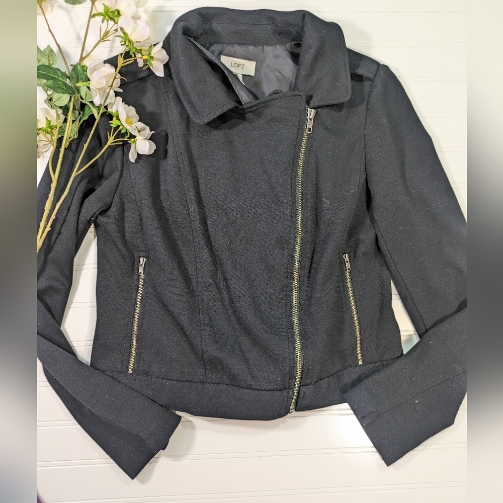 Loft Black Asymmetric Zip Waist Length Knit Jacket